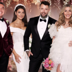 MAFS Australia 2025 cast couples posing in wedding outfits against a floral backdrop, highlighting key brides and grooms from the season.